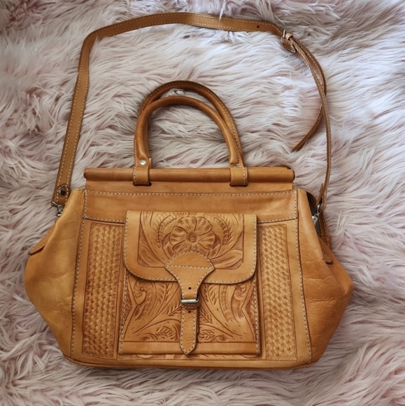 Vintage Hand Tooled Leather Western Doctor's Bag Satchel Crossbody Tan Cowhide
